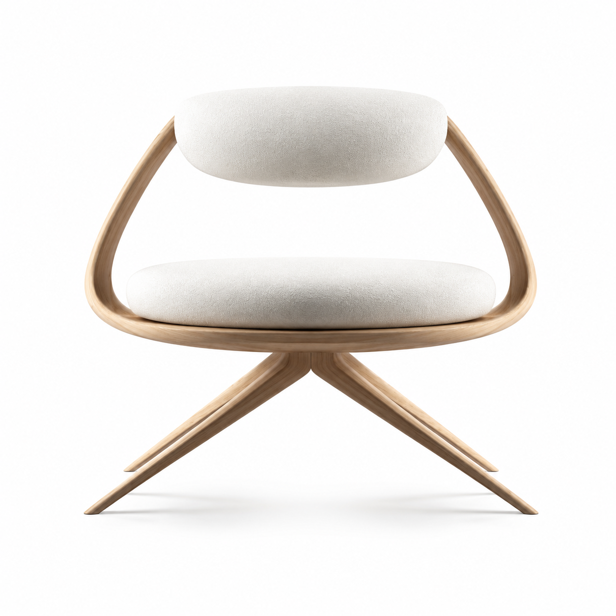Tavo Spider-Base Lounge Chair in cream bouclé with a triangular oak arm loop and splayed base, front view