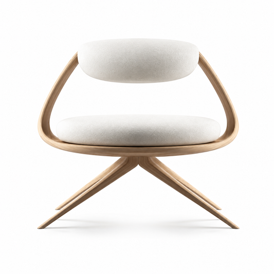 Tavo Spider-Base Lounge Chair in cream bouclé with a triangular oak arm loop and splayed base, front view