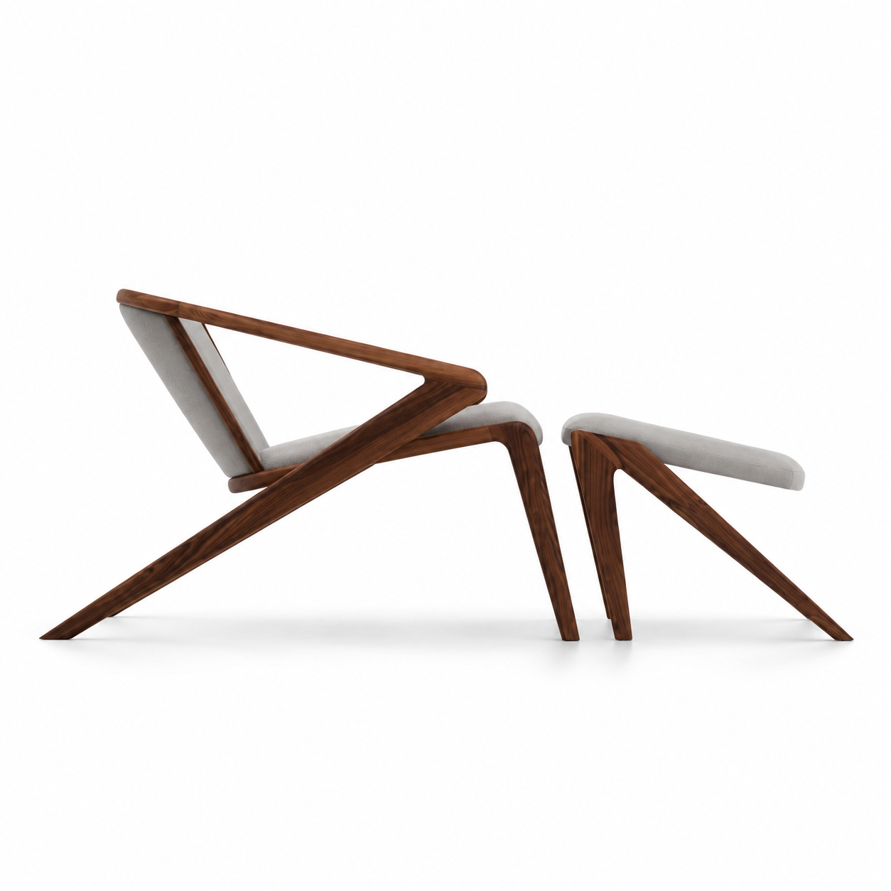Freccia Lounge Chair and matching ottoman with angular cantilevered walnut frames and grey upholstery, side view
