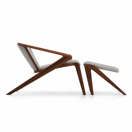 Freccia Lounge Chair and matching ottoman with angular cantilevered walnut frames and grey upholstery, side view