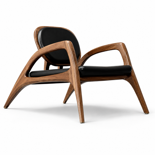 Notte lounge chair in a black upholstered finish on a sculptural warm brown frame, front view