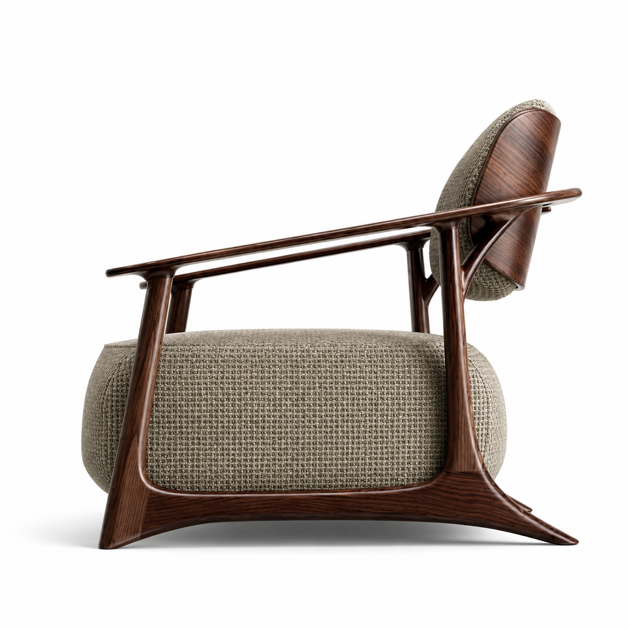 Fiora Basketweave Lounge Chair in olive wool on a warm brown frame, side profile view