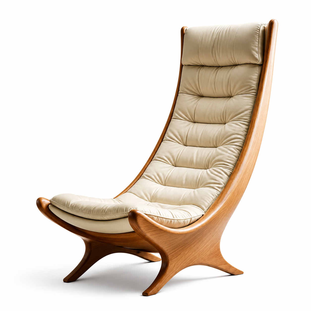 Selva High-Back Scoop Lounge Chair in channel-tufted cream leather on a honey oak frame