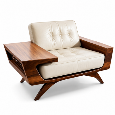Rivo Cabinet-Arm Armchair in button-tufted cream leather with an integrated walnut shelf arm