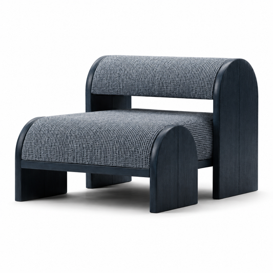 Arcata Arch-Form Armchair in navy tweed on a dark timber sled frame
