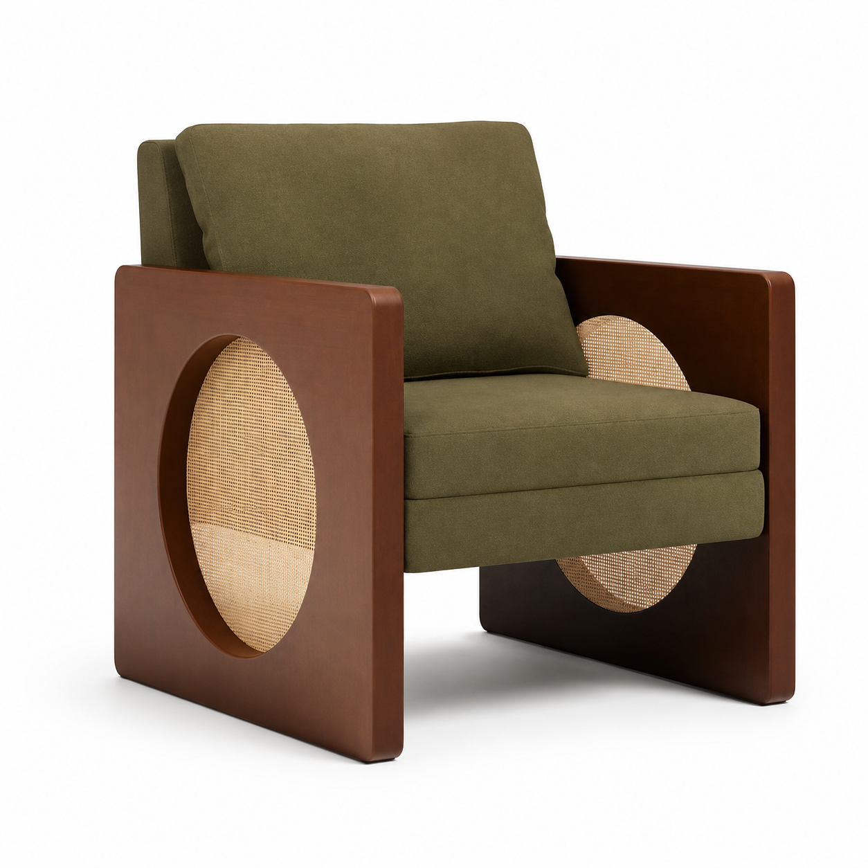 Circo Cane-Panel Armchair with olive velvet cushions and oval woven cane inserts in chestnut side panels
