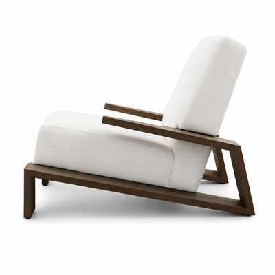 Piana low lounge chair upholstered in textured woven fabric, low wide silhouette with squared arms