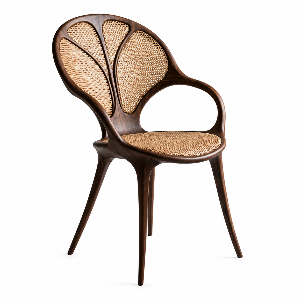 Fiore clover cane armchair in a warm brown finish with woven rattan back panels
