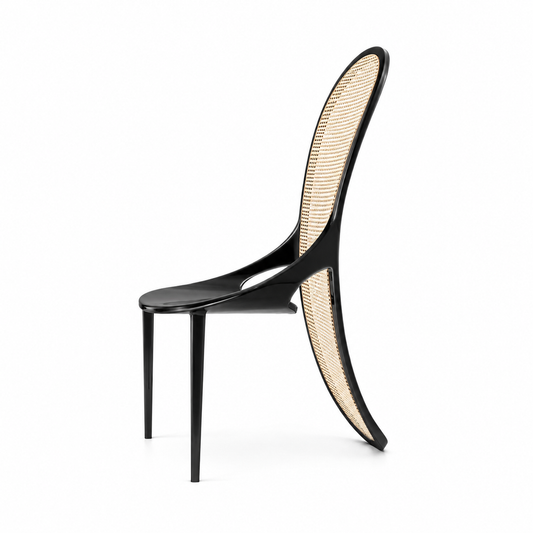Noir cane high-back chair with a blackened timber frame and woven rattan back