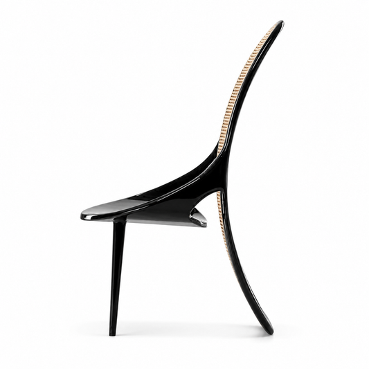 Noir cane high-back chair, detail of the woven cane back panel
