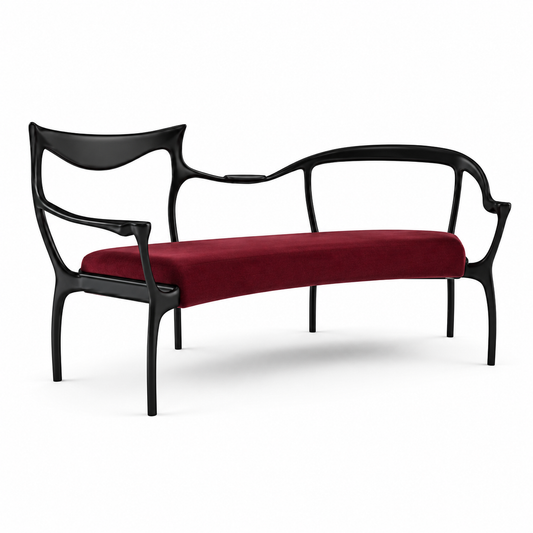 Lira sculptural settee in burgundy velvet with a continuous curved back