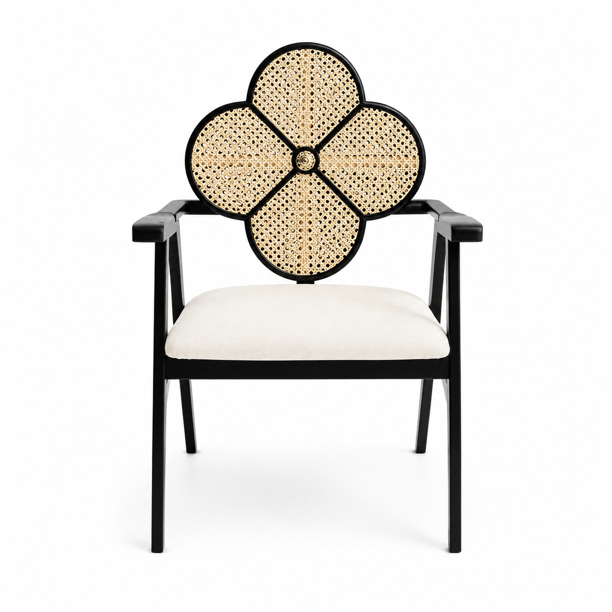 Black square-frame armchair with an open woven clover medallion above the seat back