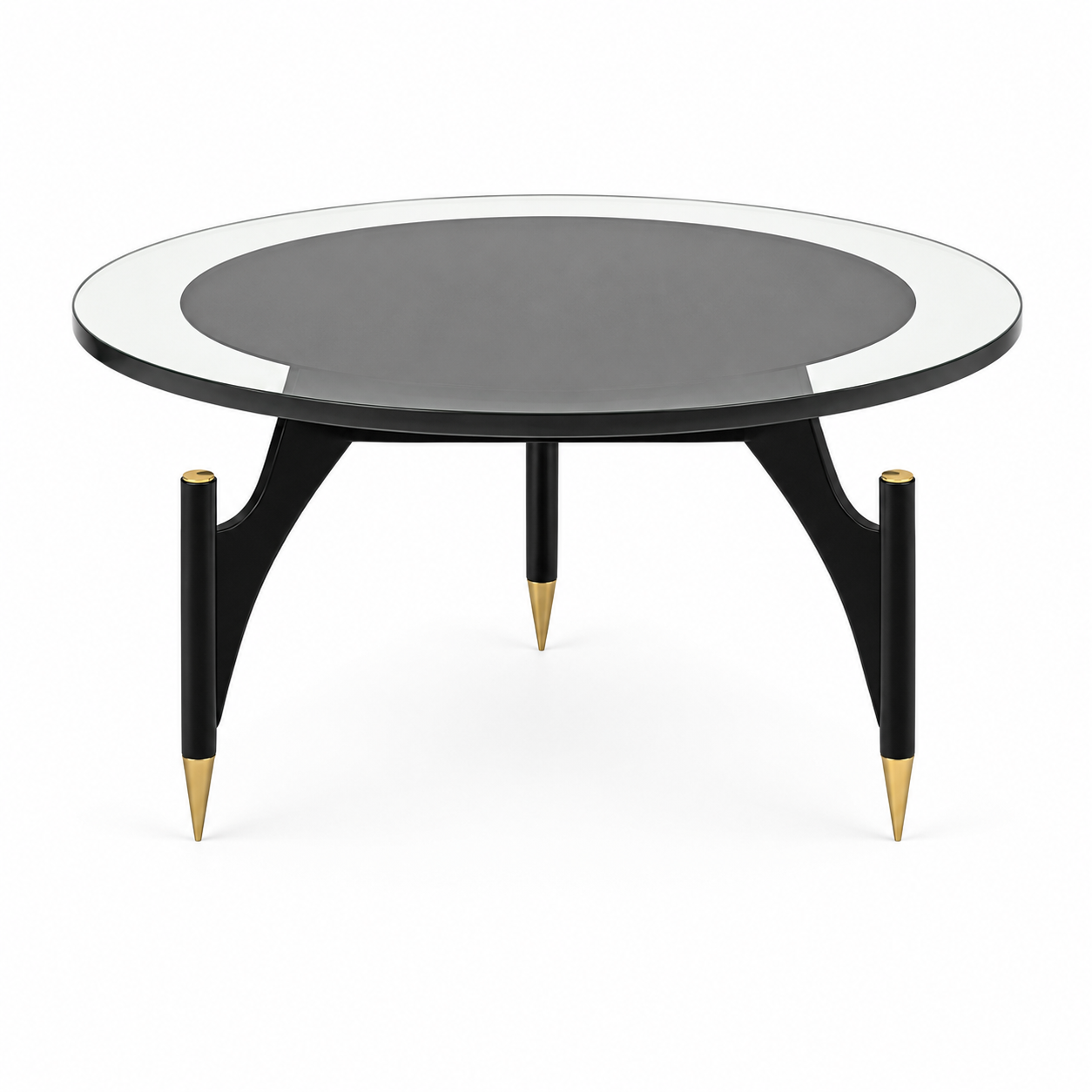 Orbe coffee table with a round toughened glass top over a sculptural base