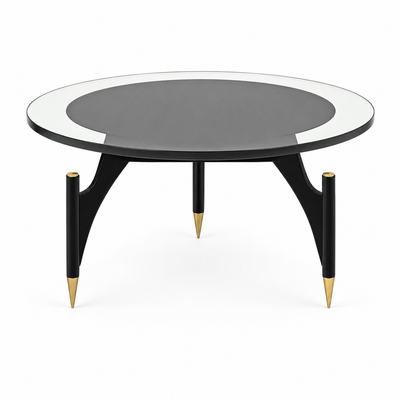 Orbe coffee table with a round toughened glass top over a sculptural base