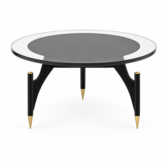 Orbe coffee table with a round toughened glass top over a sculptural base