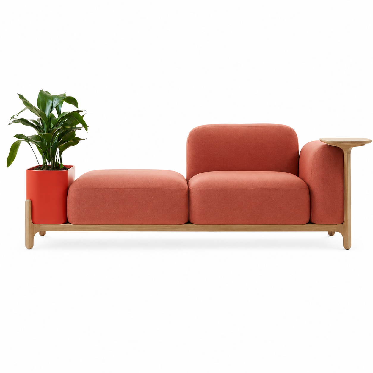 Piattaforma two-seat platform module in coral with an integrated planter and round side surface