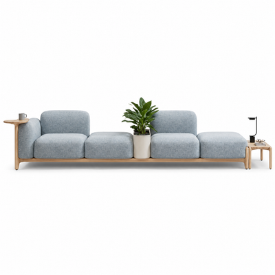 Piattaforma long-run platform seating module in pale blue with a planter set into the middle