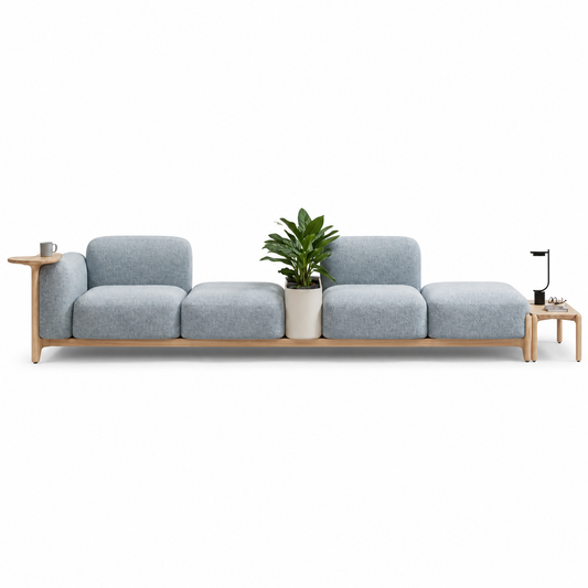 Piattaforma long-run platform seating module in pale blue with a planter set into the middle