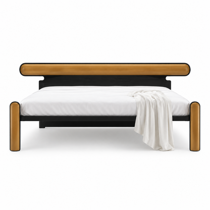Cantilever Bed — upholstered bed with a black plinth base and slim brass rail, alternate view | Belmont & Kensing