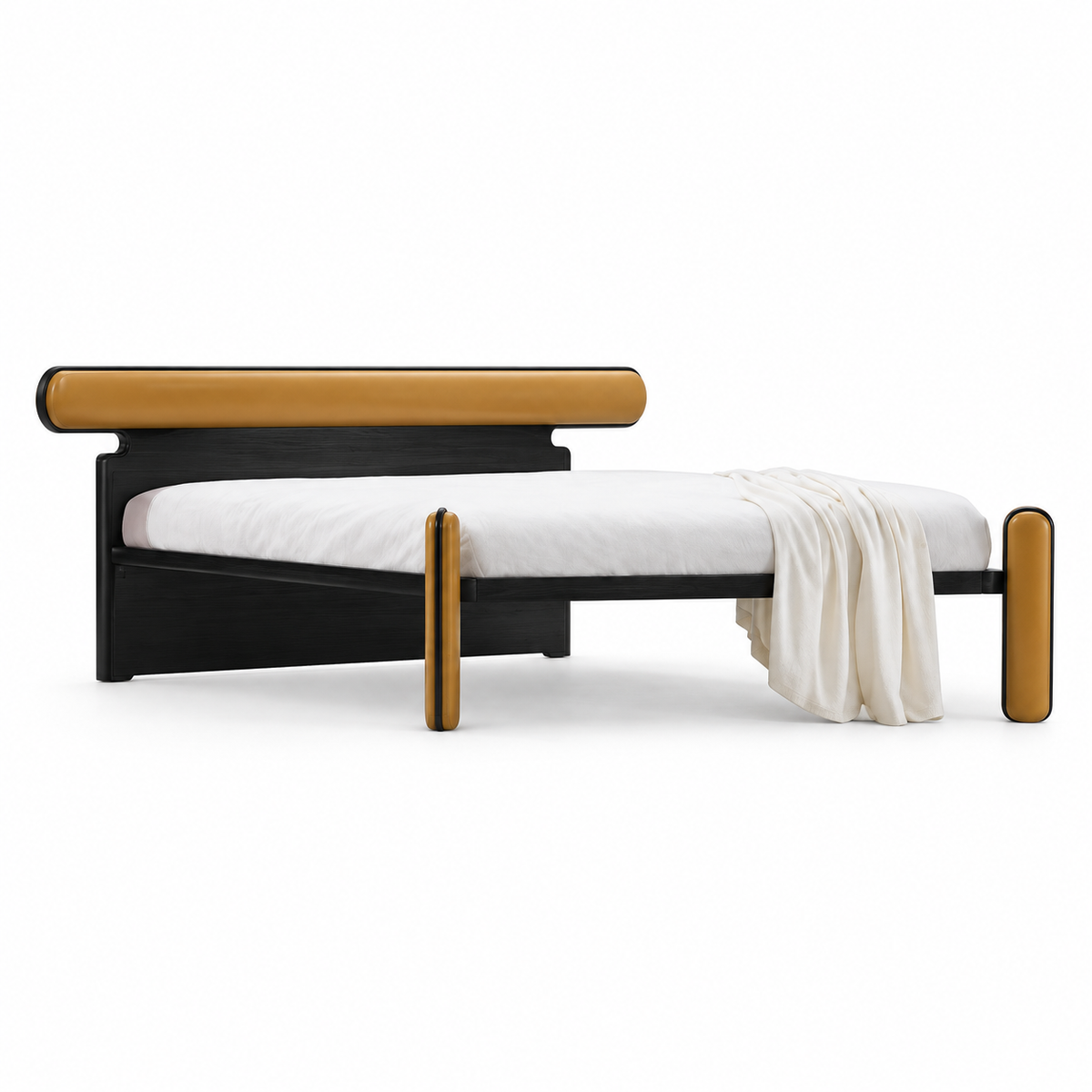 Cantilever Bed — upholstered bed with a black plinth base and slim brass rail | Belmont & Kensing