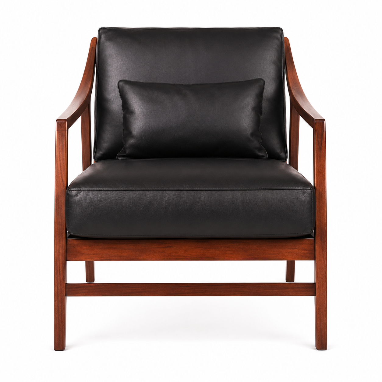 Marlow black upholstered lounge chair with a warm brown frame and curved armrests