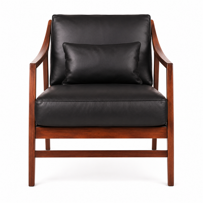 Marlow black upholstered lounge chair with a warm brown frame and curved armrests