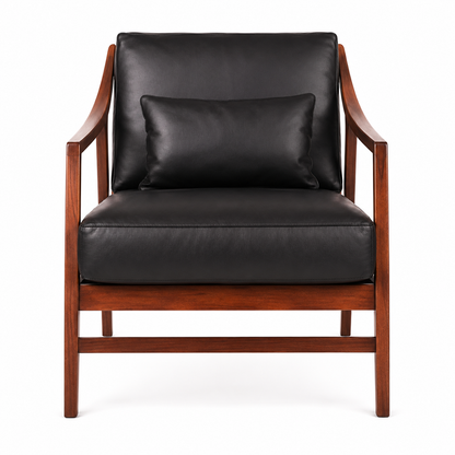 Marlow black upholstered lounge chair with a warm brown frame and curved armrests