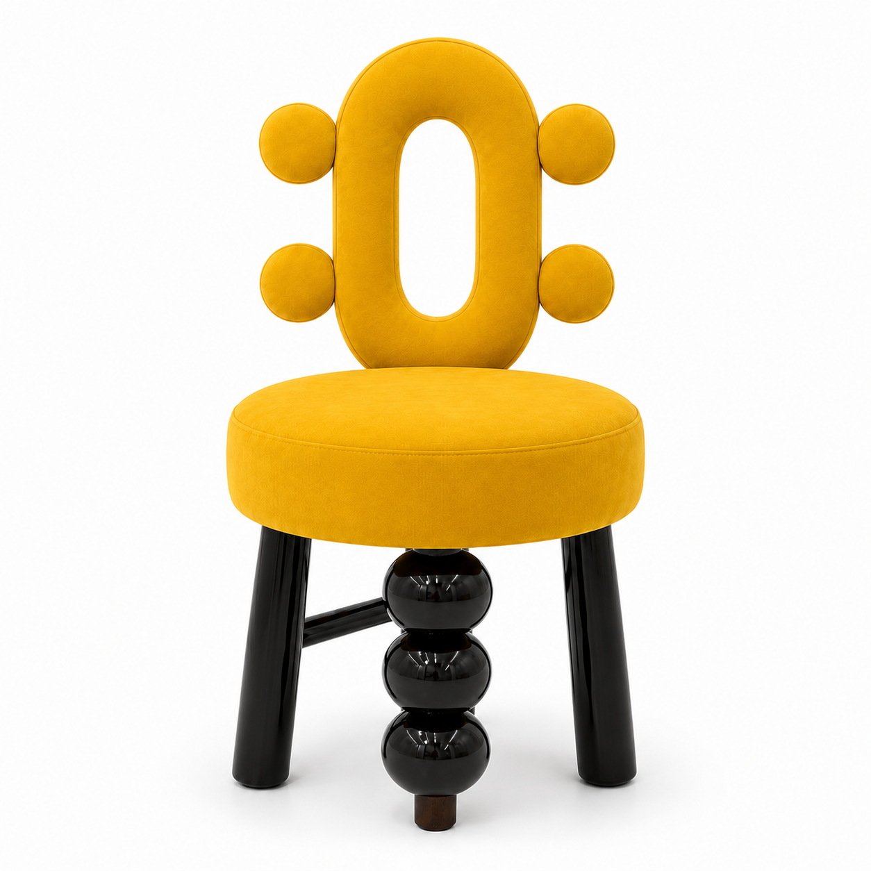 Orba sculptural accent chair, angled view showing the stacked-sphere front detail