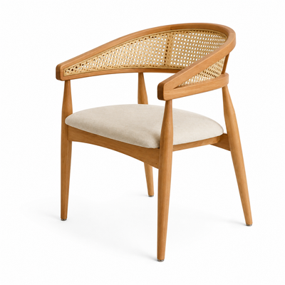 Vienna dining chair with a woven cane back on a wood-look frame
